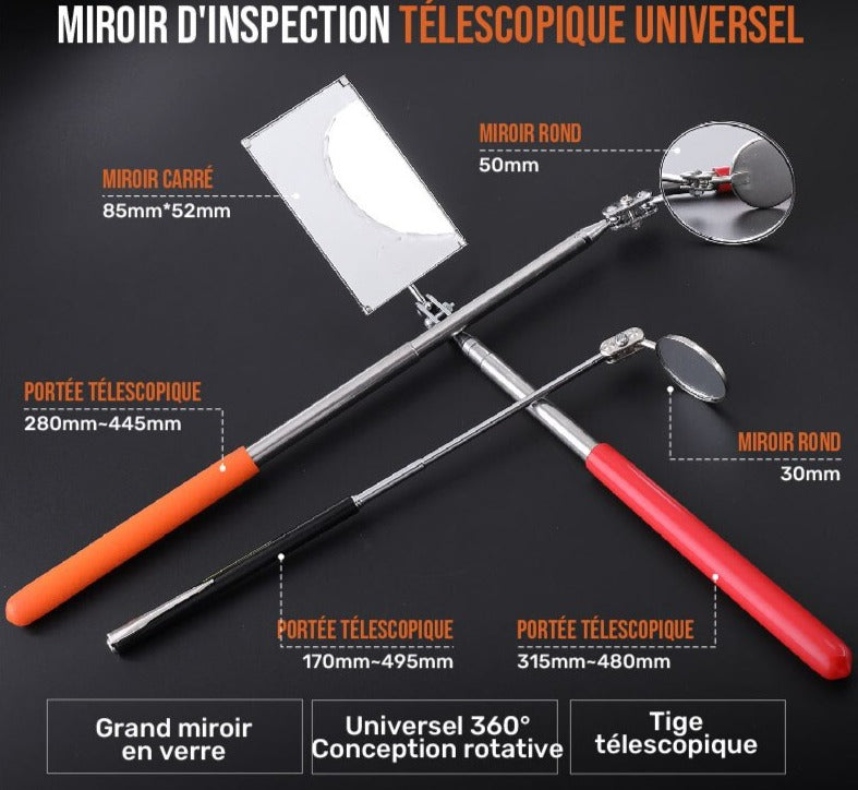 Miroir D'Inspection Véhicule LED - Télescopique, Pivotant 360° - Pour Mécanique, Contrôles Difficiles